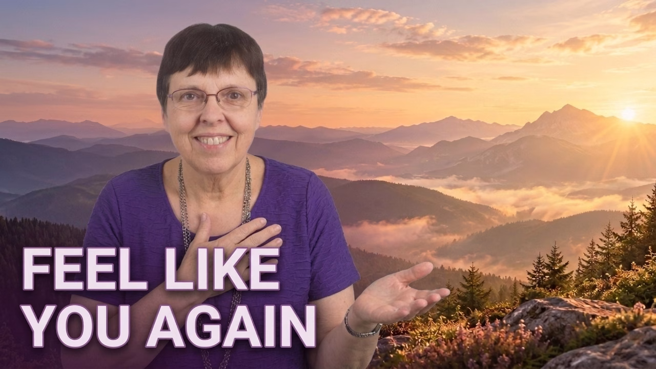 Dr. Christine Sauer standing beside a sunlit mountain path with the words “Feel Like You Again,” illustrating feeling disconnected from yourself after stress, burnout, illness, or loss.