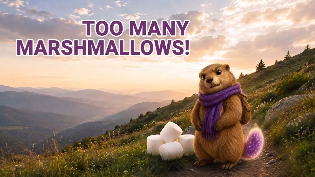 Sparkly too many marshmallows 1280x720 Sparkly the Alpine marmot looks sheepish beside marshmallows on a mountain path beneath the words “Too Many Marshmallows!” visualizing self-compassion after mistakes